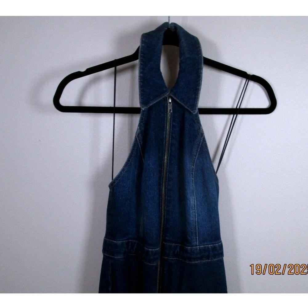 Alice + Olivia Jeans Jumpsuit Size 24 Denim Dark Halter Neck Full Zip Flare - Picture 7 of 14